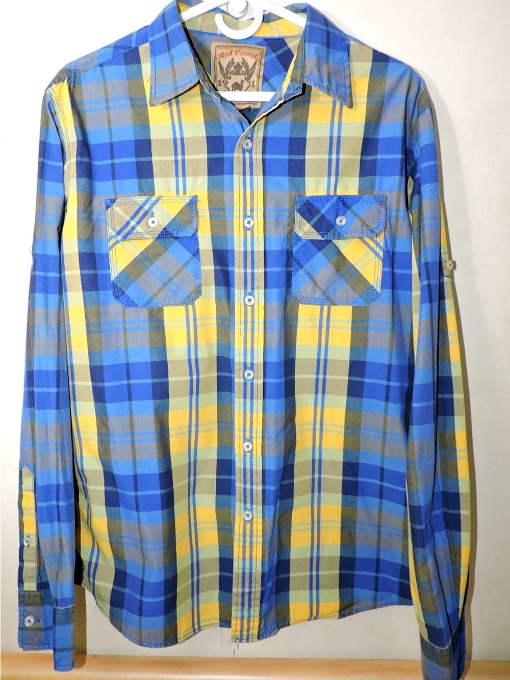 Red Camel Men's Blue & Yellow Plaid Long Sleeve Button-Down Shirt
